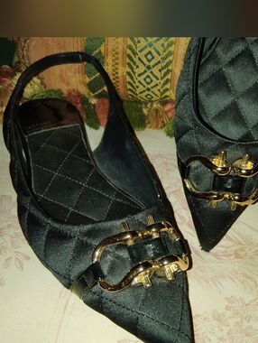 Jeffrey Campbell Quilted Satin Horsebit Buckle Lenora Black Flat Slingbacks 7